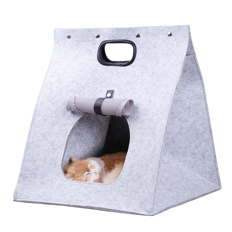 

Folding Portable Cat Bed Felt Cave Cat House Washable Collapsible Travel Bag For Cat Puppy 3-In-1 Nest Mat Felt Cat Bed Supplies