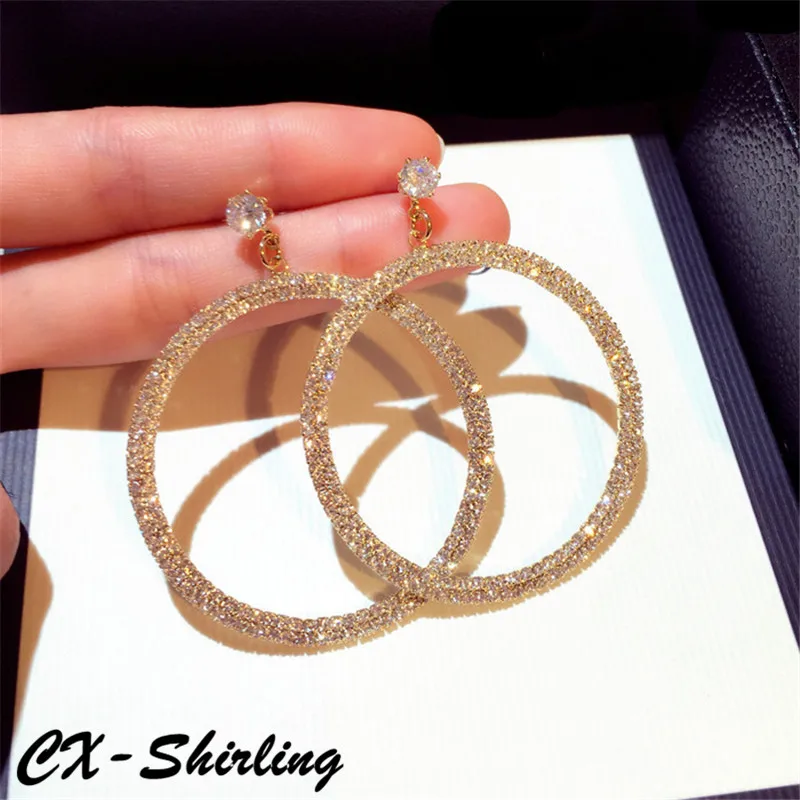 

CX-Shirling New Big Size Circle Earring Women Anti-Allergy Shiny Crystal Gold Silver Fine Crystal Earrings Jewelry Gift Female