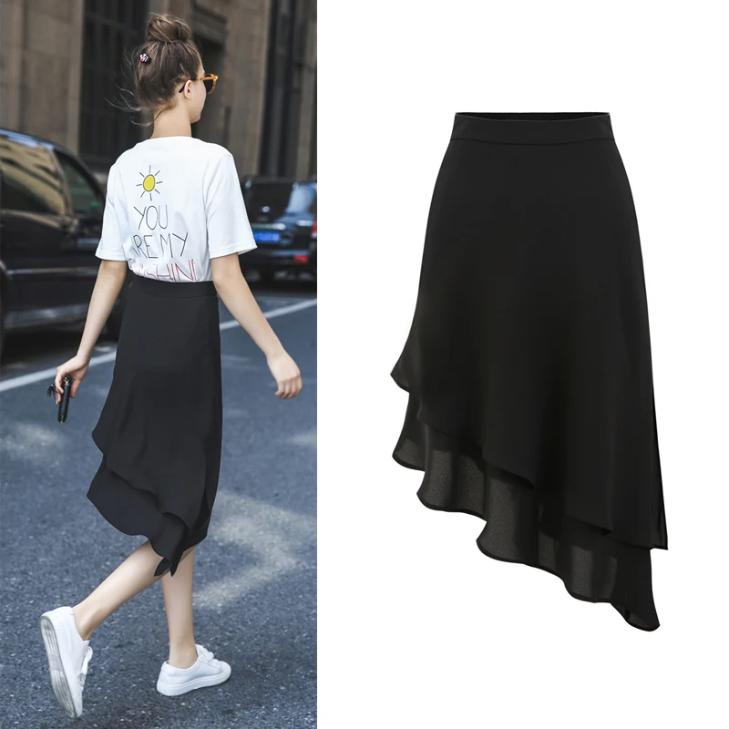 Летние Новые Модные Досуг Нерегулярные высокой талией в длинный отрезок черный плиссированная юбка Британский стиль