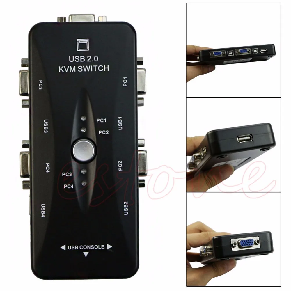 

4 Port HUB USB 2.0 KVM VGA/SVGA Switch Box + 4 Cables For PC Keyboard Mouse Monitor