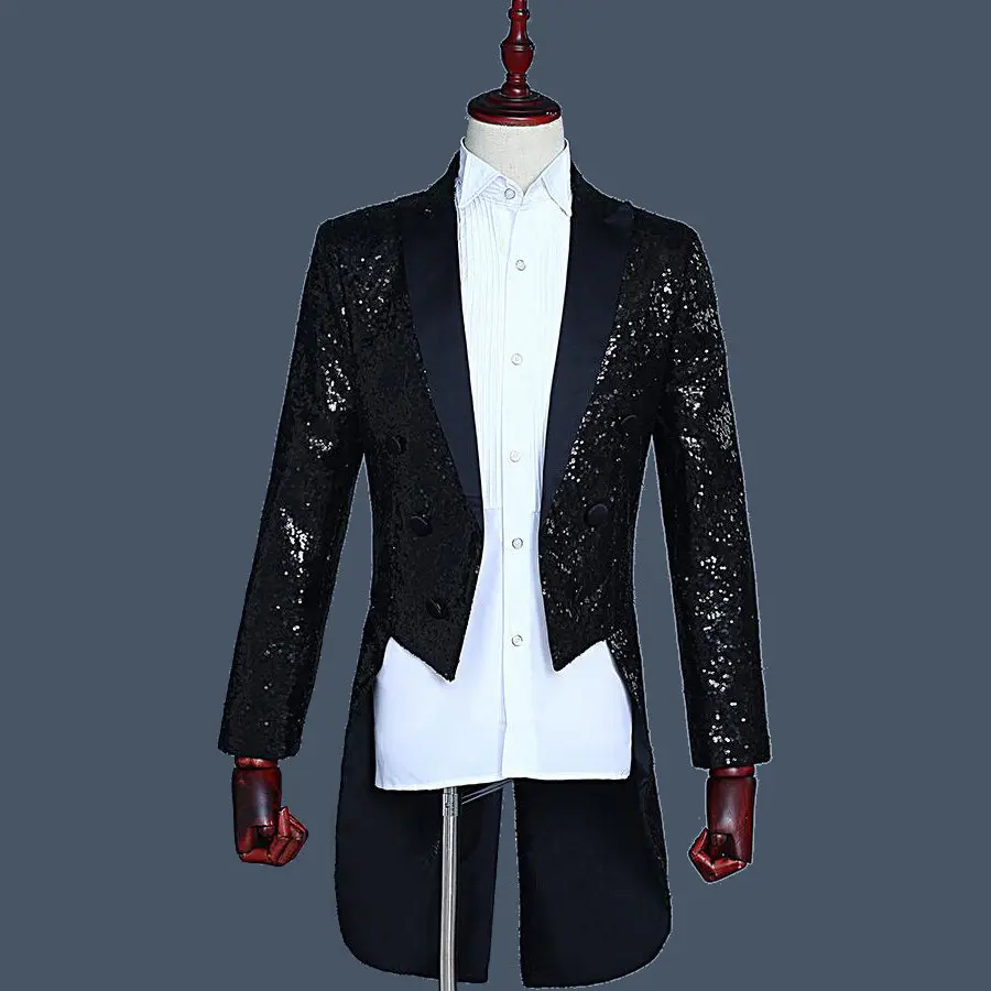 Custom Royal Blue Tailcoat  Men's Classic Suit Sequin Male Blazer Jacket Men Suit Stage Show Performance Tuxedo Prom 2 Pieces
