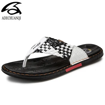 

Brand 2019 New Men's Flip Flops Genuine Leather Slippers Summer Fashion Beach Sandals Shoes For Men