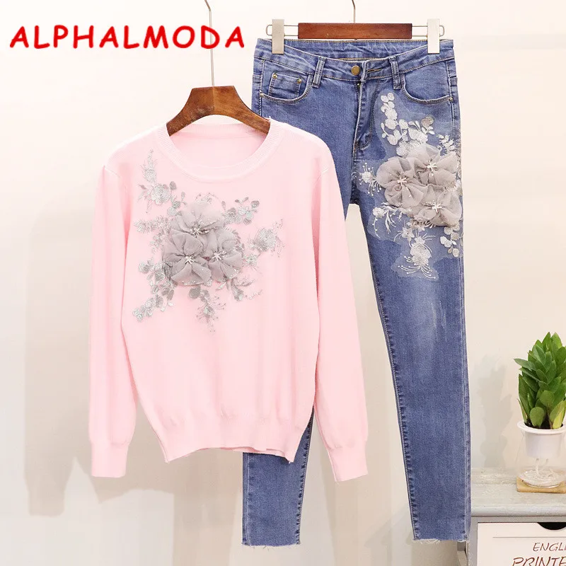 Женский свитер ALPHALMODA с 3D цветочной аппликацией + эластичные джинсы повседневные