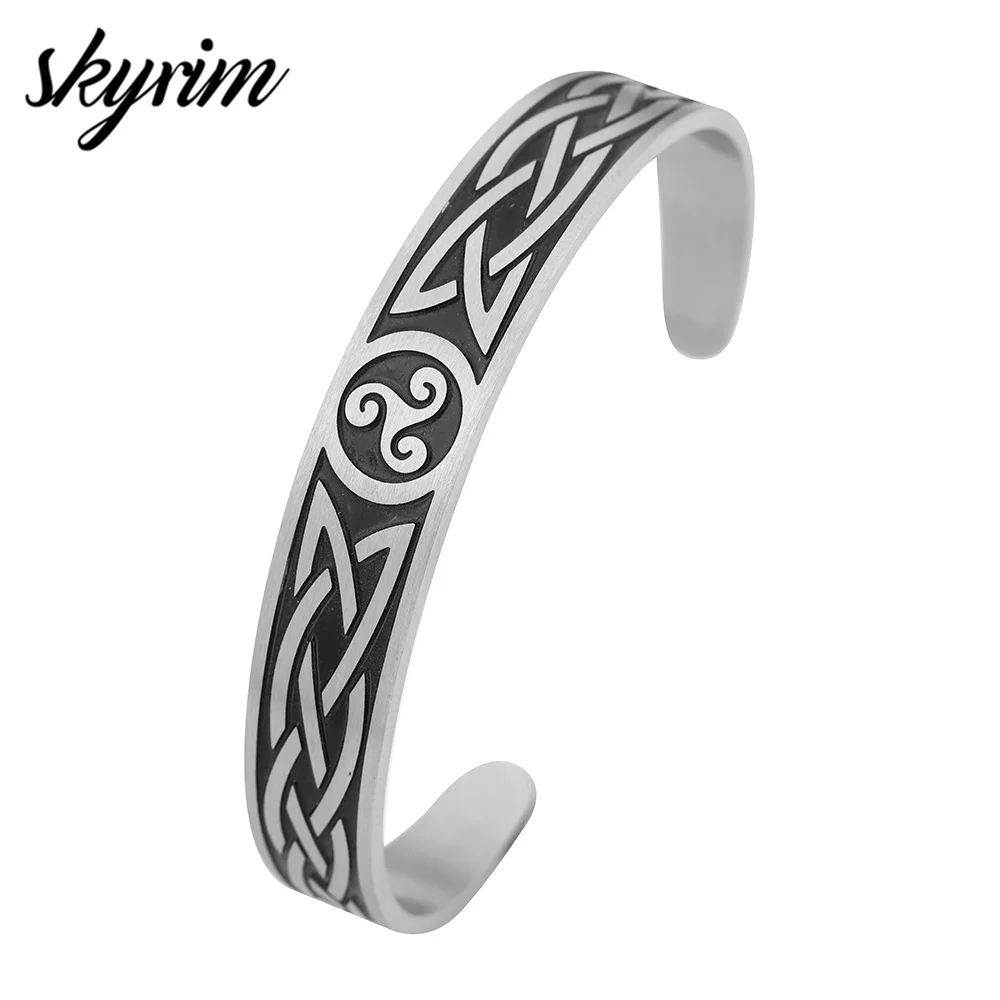 

Skyrim Viking Stainless Steel Bracelet Black Engraved Antique Silver Wicca Cuff Bangle for MENS Jewelry Gift Good Quality