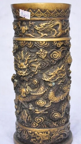

shitou 002483 10"marked chinese bronze 9 dragon beast play bead statue Brush Pot pencil vase
