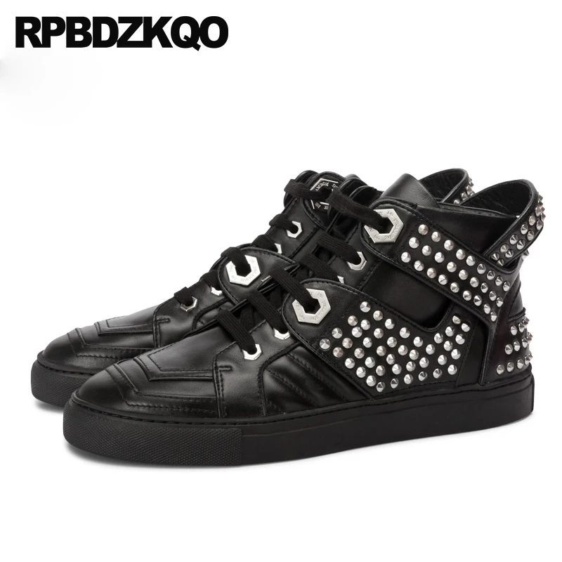 

Stud Rivet Real Leather Summer Luxury Genuine High Quality Men Shoes Brand Skate Trainers Casual Black Sneakers Rubber Sole Top