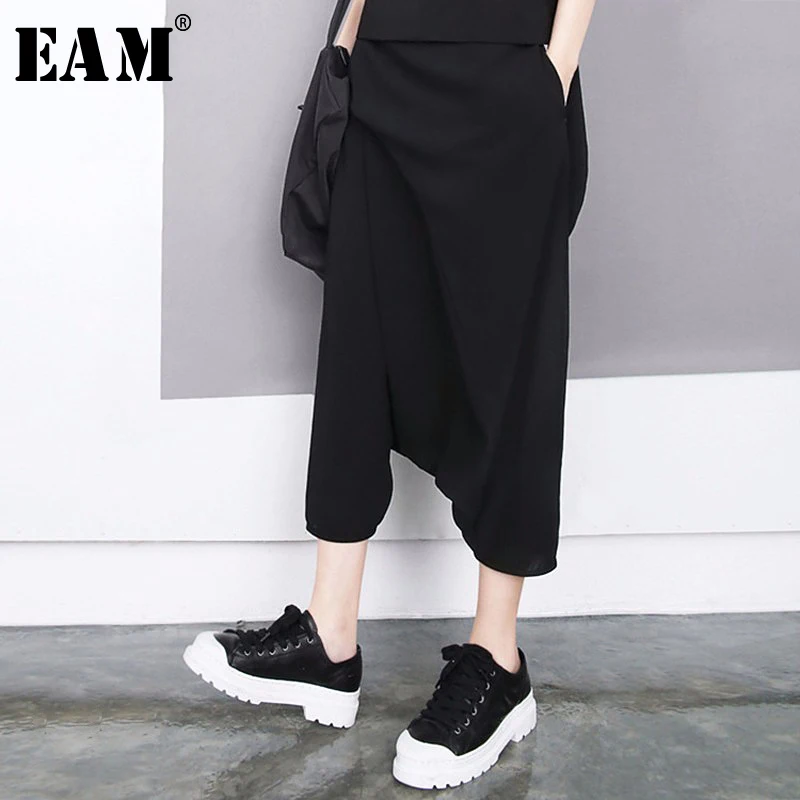 

[EAM] 2019 New Spring Autumn High Elastic Waist Pockets Simple Loose Cross-Pants Women Trousers Fashion Tide All-match JY934