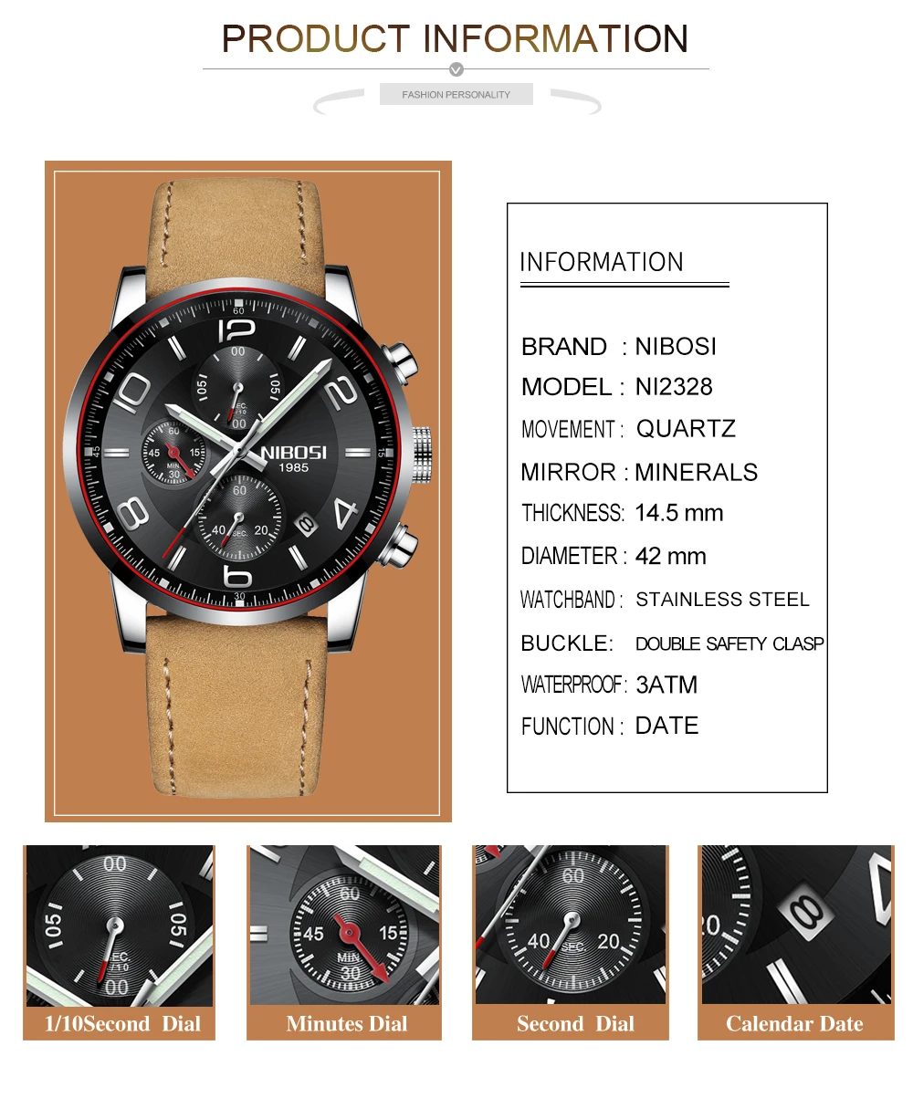 NIBOSI Men's Watches Of The Famous Luxury Brand Sports Analog Quartz Wrist Watch Leather Band Waterproof Stainless Steel Saat    (5)