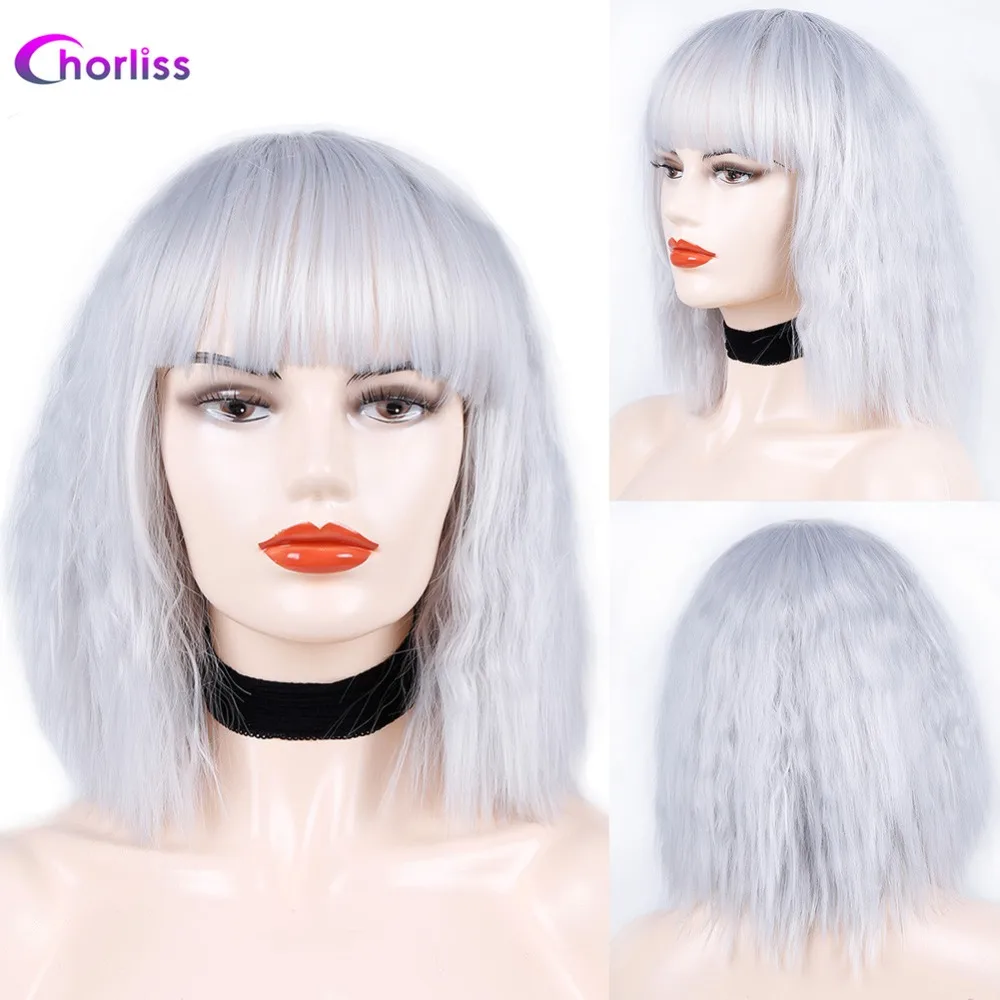Chorliss Synthetic Wig Full Wigs Bangs Water Wave Short Women Wig Pink Blonde Gold Grey  (15)