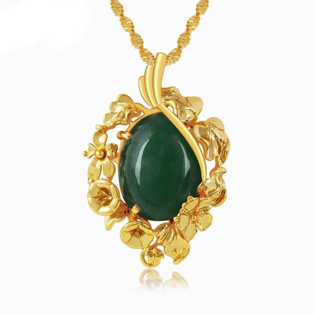 

MxGxFam Classic Green / Red Stone Pendants Necklace For Women Fashion Jewelry 24 k Pure Gold Color 45 cm Wave Chain