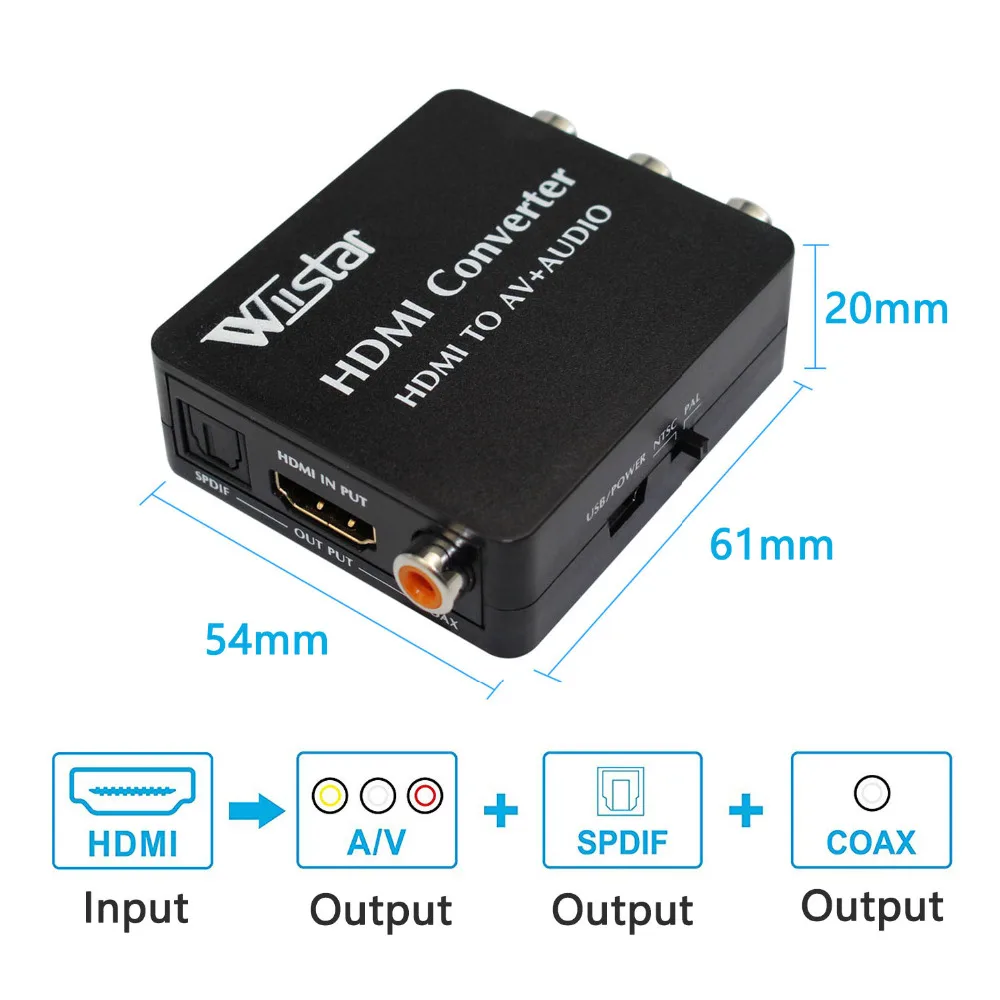 Wiistar HDMI на AV + Аудио вход CVBS Spdif и коаксиальный выход Поддержка NTSC/PAL для ТВ/ПК/PS3/Blue