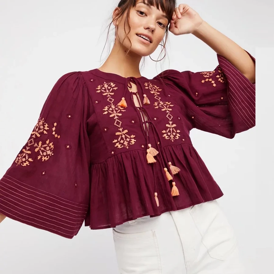 cotton & Rayon short Boho blouses 2017 floral embroidery flare long