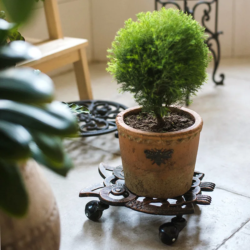 

Black Owl Cast Iron Removable Flower Pot Tray Torrential Universal Wheel Decoration Classical Vintage Large Potted Base Trays