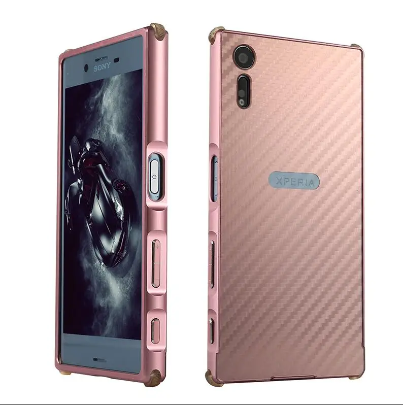 Роскошный Гибридный чехол для sony Xperia xz, Жесткий Чехол из углеродного волокна, металлический бампер+ защитная задняя крышка для ПК, чехол для телефона sony xz - Цвет: Rose gold