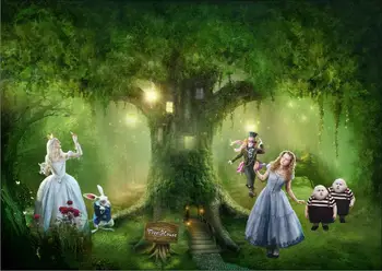 

Alice Wonderland Green Tree House Lantern Rabbit Forest backgrounds Vinyl cloth Computer print children kids backdrop