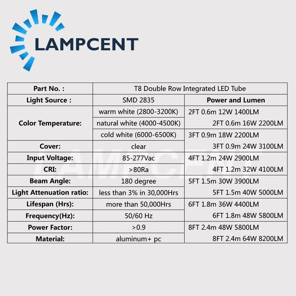  Integrated Dual Row LED Chips 2FT 3FT 4FT 5FT 6FT 8FT T8 LED Tube Light Bulb 50/70/100 Pack - 32957752735