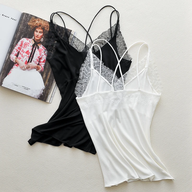 New style White lace decorative border spaghetti underwear sexy anti shirt long vest wrapped Prevent out of light Camisole