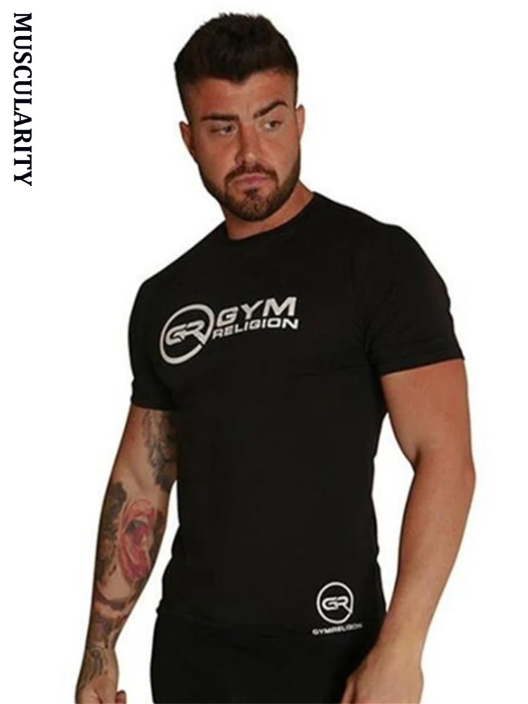 

2018 New Men's fashion T - shirt Tight-Fitting Short-Sleeved T-shirt Organization Fitness Gyms Fitness Splicing Cotton T-shirt