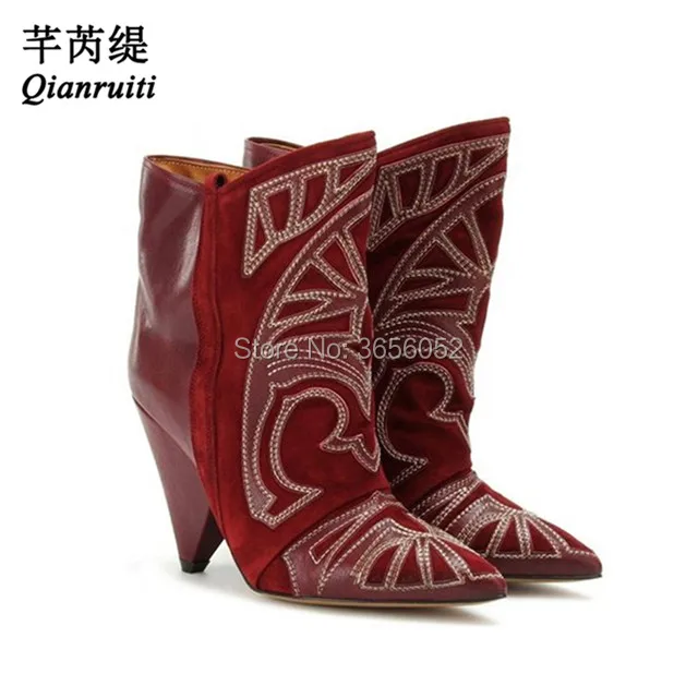 

Qianruiti Shoes Black Burgundy Suede and Leather Totem Embroidery Booties Pointed Toe Botas Spike Heel Ankle Boots Women Slip On
