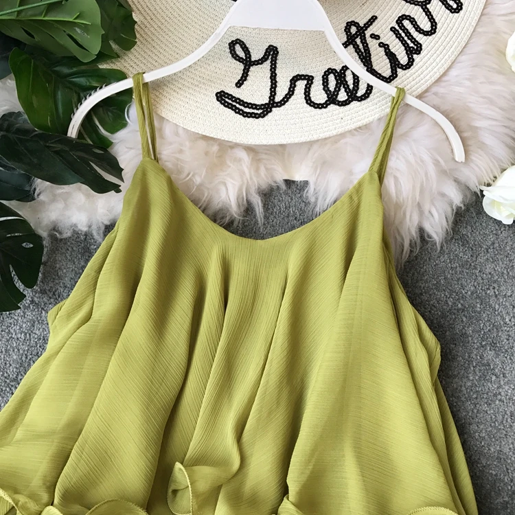 New Chiffon Sling Ruffled Loose Strap Solid Color V-neck Sexy Slim Pleated Sling Women's Clothes sexy halter top