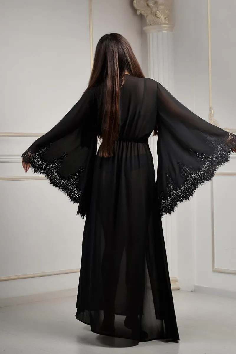 Сексуальный черный ночной халат с длинными рукавами, кружевные шифоновые вечерние пижамы, ночная рубашка на заказ