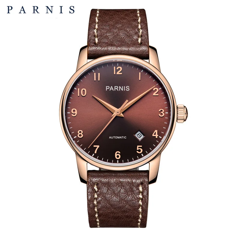 Rose Case Black 38 мм Parnis повседневные часы мужские стильные механические часы из натуральной кожи сапфировое серебро розовое золото мужские автоматические наручные часы - Цвет: Rose Case Black