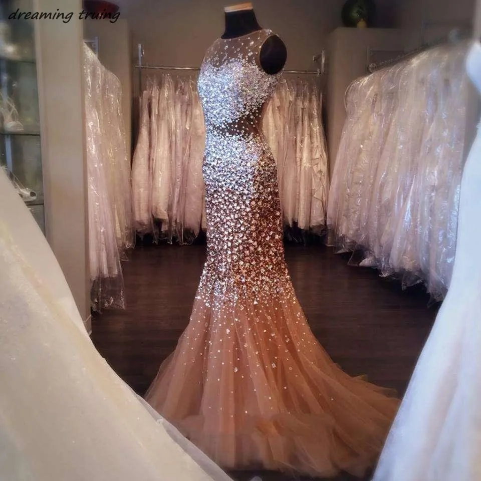 

Luxury Crystals Beaded Mermaid Prom Dresses Sheer Tulle Long Heavy Rhinestones Champagne Evening Party Gowns Abendkleider 2018