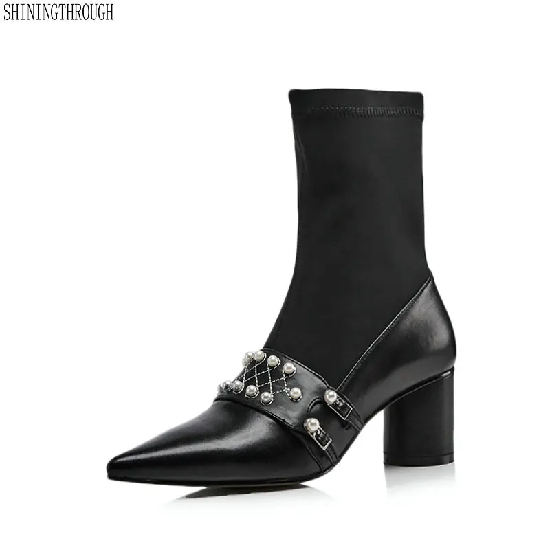 Zapatos Tobillo Vaca Primavera Grande Puntiaguda Talla 43 Boda Punta Alto Otoño Mujer Botas Cuero Fiesta Tacón Para Negro De H645tvqw