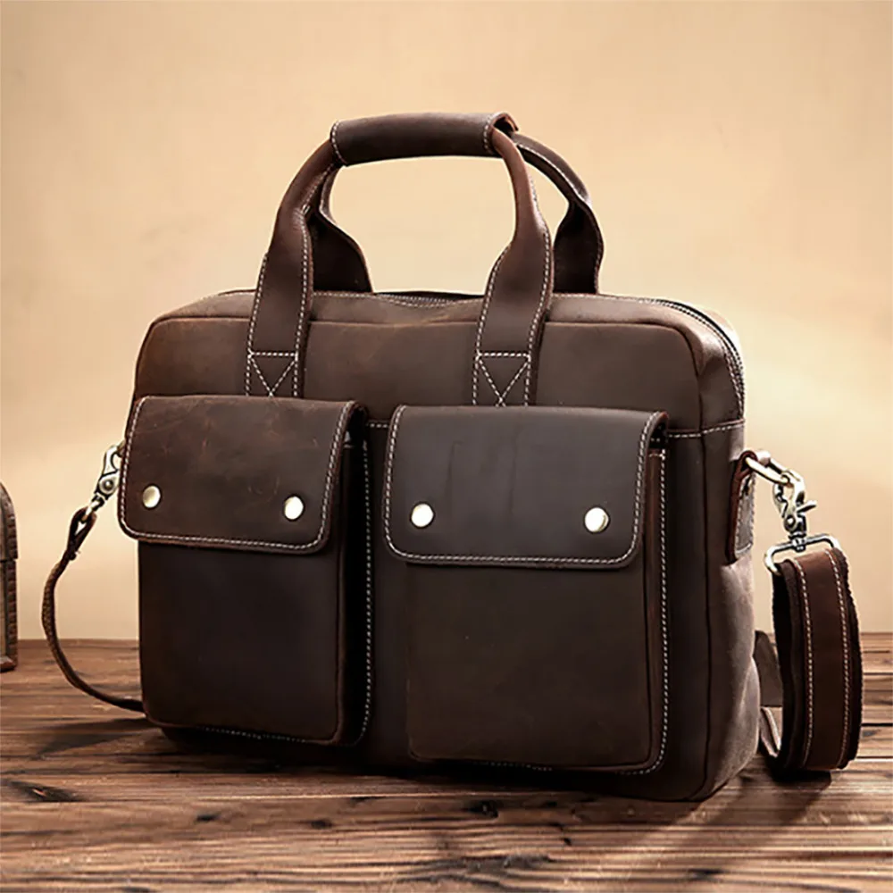 Top Quality Crazy Horse Cowhide Messenger Shoulder Bag Men Vintage Cross Body Bags Casual Genuine Leather Business Tote Handbag genuine leather men business handbag laptop tote cross body briefcase brand famous crazy horse cowhide messenger shoulder bag