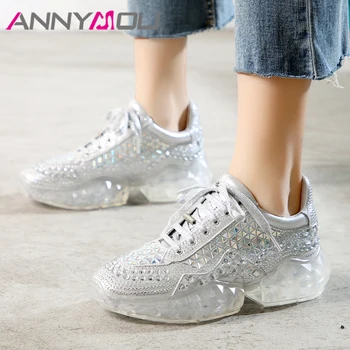 

ANNYMOLI Flats Sneakers Women Shoes Luxury Rhinestone Flat Platform Shoes Transparent Round Toe Shoes Lady Autumn Gold Size 39