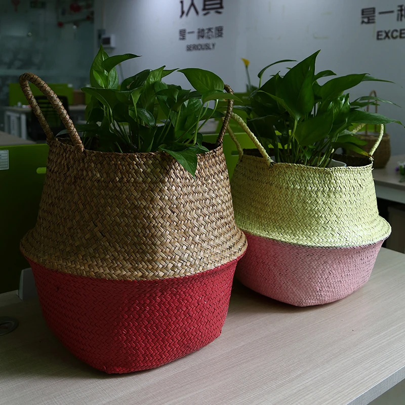 

WCIC Hit Color Foldable Seagrass Belly Storage Basket Rattan Home Room Plants Decoration Plant Toys Laundry Holder Container