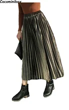 Cocominibox Women’s Metal Color Velvet Pleated Skirt Shiny Spring Autumn A Line Vestidos