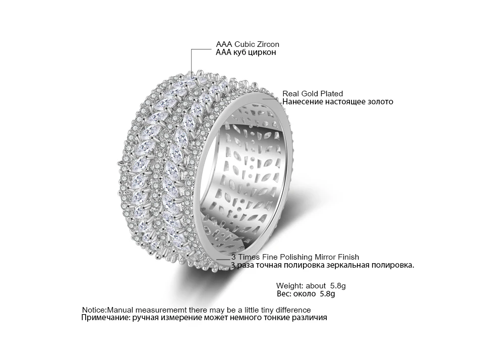 ZAKOL широкий кольца ААА кубического циркония полного циркон браслеты-манжеты 5 строк Многослойные блестящие Стиль палец кольцо FSRP241