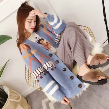 

Harajuku Women Knit Sweater Cardigan Geometry Crocheted OL V-Neck Coat Loose Spring Autumn Sweater Jacket 2018 Tops