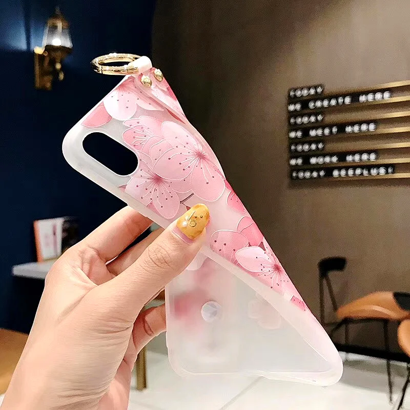PINK LIPS Flower Case For iPhone X XR XS Max 3D Relief Floral For iPhone X 8 7 6 6S Plus 5 5s SE With Wristband Soft Phone cover  (4)