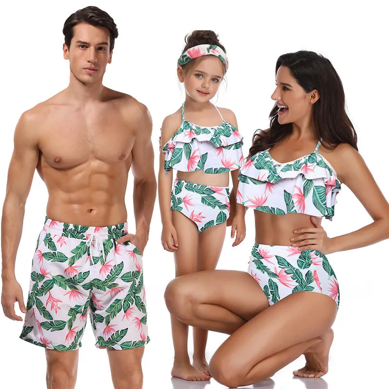 

2019 Family Matching clothes Bikini Matching Swimwear Leaf Beachwear Mommy And Me Swimsuit Swimming Trunks Kids Men Swimwear