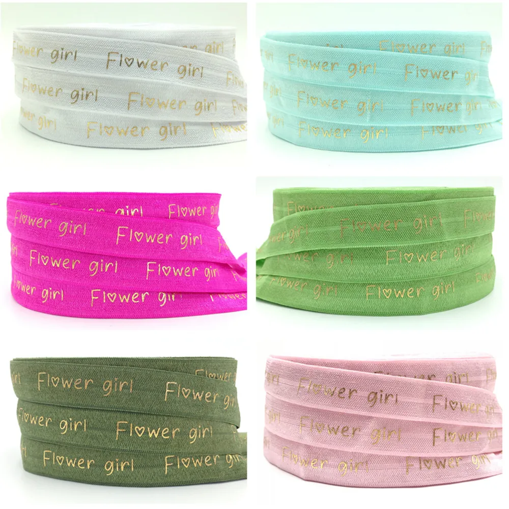 

5Yards 16mm Gold print Flower Girl Fold over elastic bands Wedding party decoration Accessories