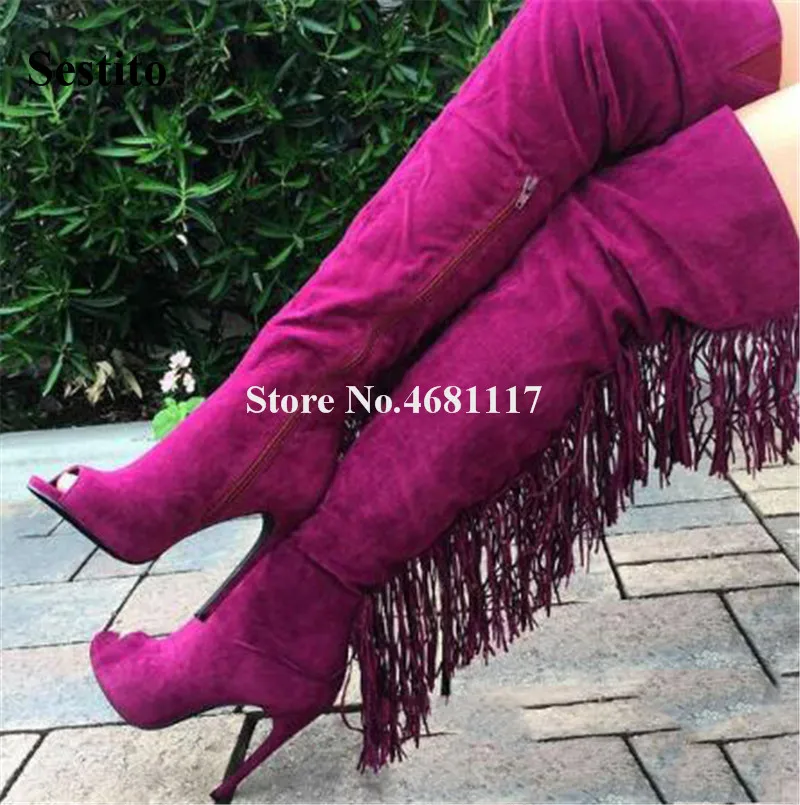 

Ladies Charming Peep Toe Suede Leather Back Long Tassels Over Knee Thin Heel Boots Sexy Fringes High Heel Long Boots