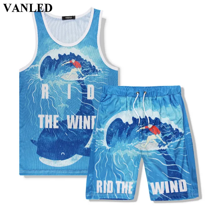 VANLED 2017 mens shorts set mesh tank tops and shorts suit loose