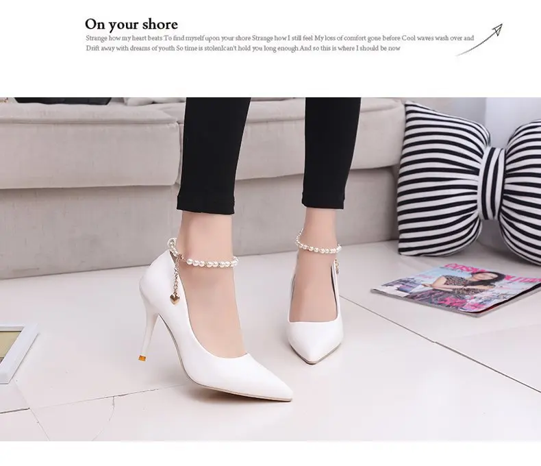 White Women Wedding Shoes Crystal Preal Ankle Strap Bridal Shoes Woman Dress Shoes Seay Pumps Sweet Party Shoes