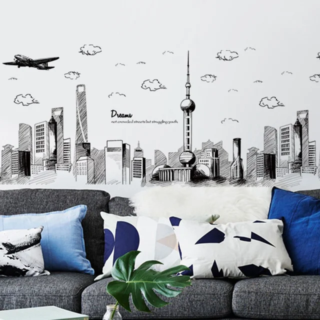 creative sketch city scenery wall stickers for living room bedroom