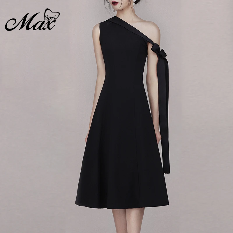 

Max Spri 2019 Summer New Collection One Shoulder Lace Up Women A Line Midi Dresses Cocktail Party Elegant Little Black Dress