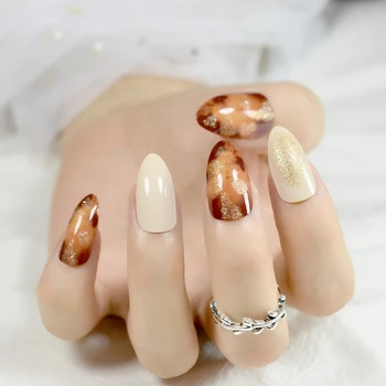 Najtaniej Shimmer Glitter Beżowe Paznokcie Akrylowe Leopard Design Kit średnie Ostre UV Wykończone Tipsy Manicure Przybory Do Makijażu Z801