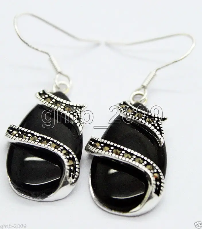 

FREE SHIPPING Hot Sale Lady's Fashion 13*25mm Natural Black gem stone 925 Sterling Silver & Marcasite Earrings