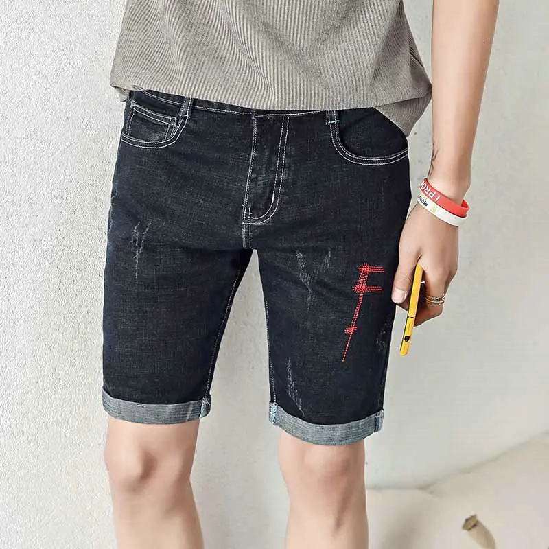 Summer Denim Shorts Men Stretch Slim Fit Short Jeans Mens Designer Cotton Casual Distressed Shorts Knee Length Pants Blue Black Summer Denim Shorts Men Stretch Slim Fit Short Jeans Mens Designer Cotton Casual Distressed Shorts Knee Length Pants Blue Black
