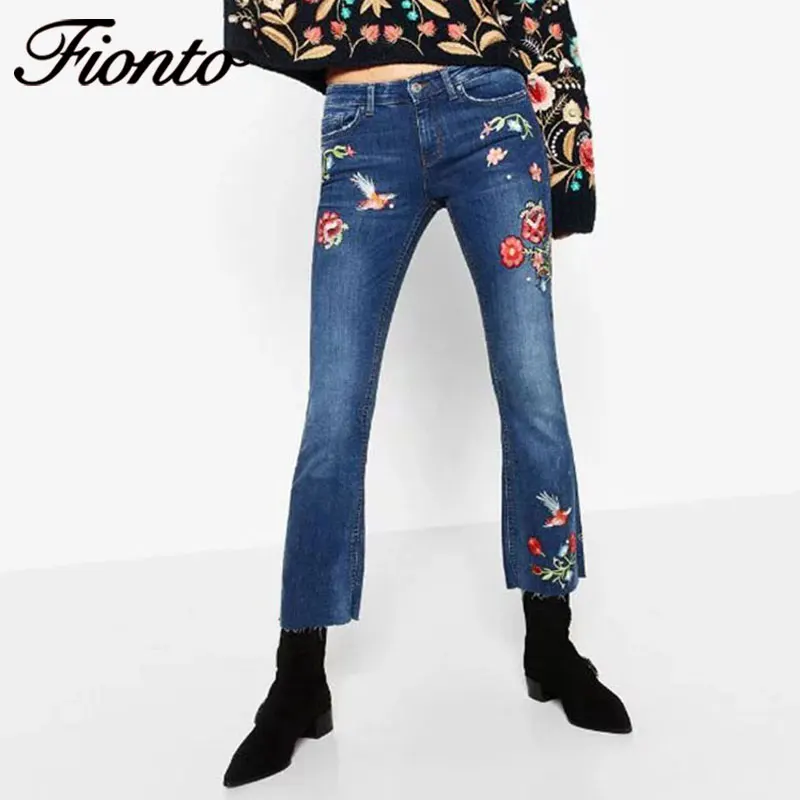 Vintage jeans with flower embroidery female Flare Pants women casual