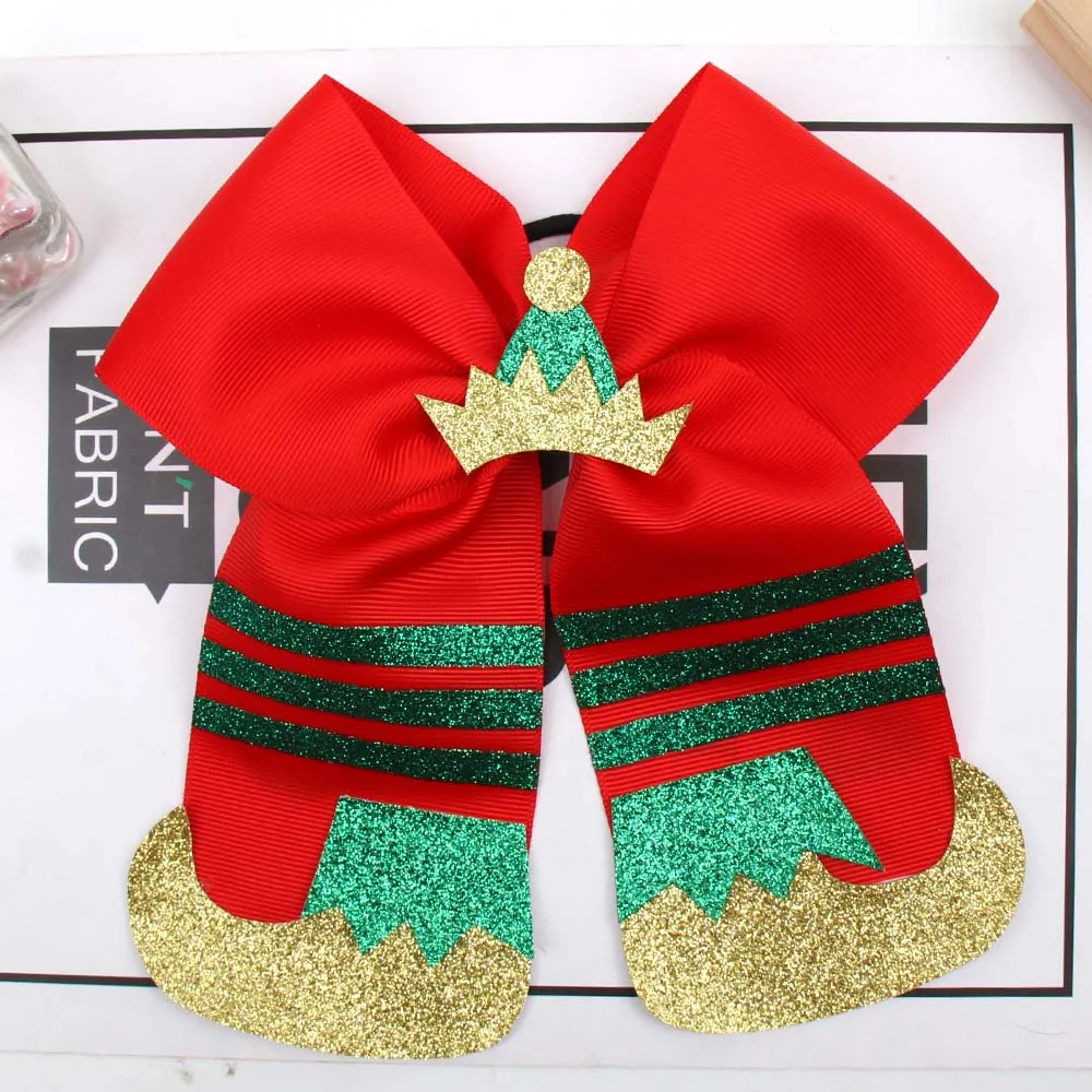 

7 Inch Large Hair Bows for Girls Christmas Cheer Bows Patchwork Glitter Bows with Elastic Hair Band Party Festival Kids Headwear