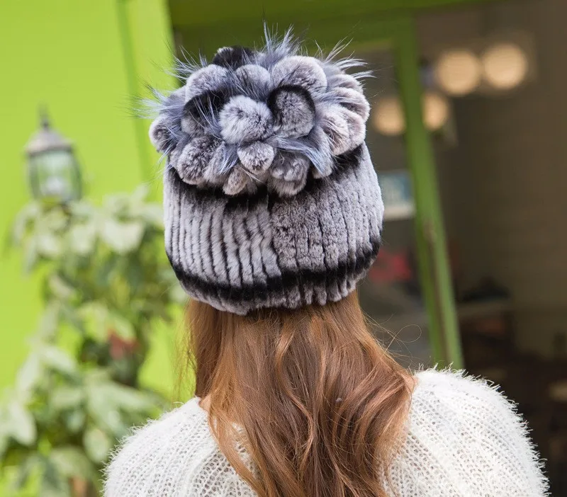 Veydu, зимняя женская шапка из меха норки, шапка с ушами, толстая теплая вязаная шляпа в форме цветка, Новое поступление, модная шапка из кролика рекс