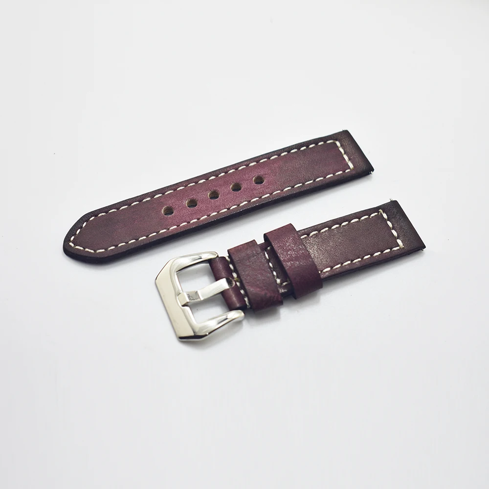 Handmade Vintage Wine Red Genuine Leather Strap Watch Band 20mm 22mm 24mm Bracelet Wrist Belt Watchband Classic Metal Buckle
