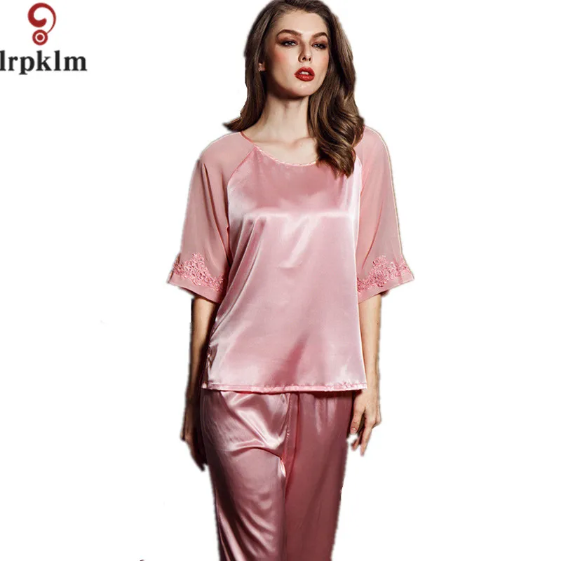 2017 New Brand Silk Pajamas Set Women Summer Autumn Half Sleeve Sleepcoat & Pants Nightwear Set